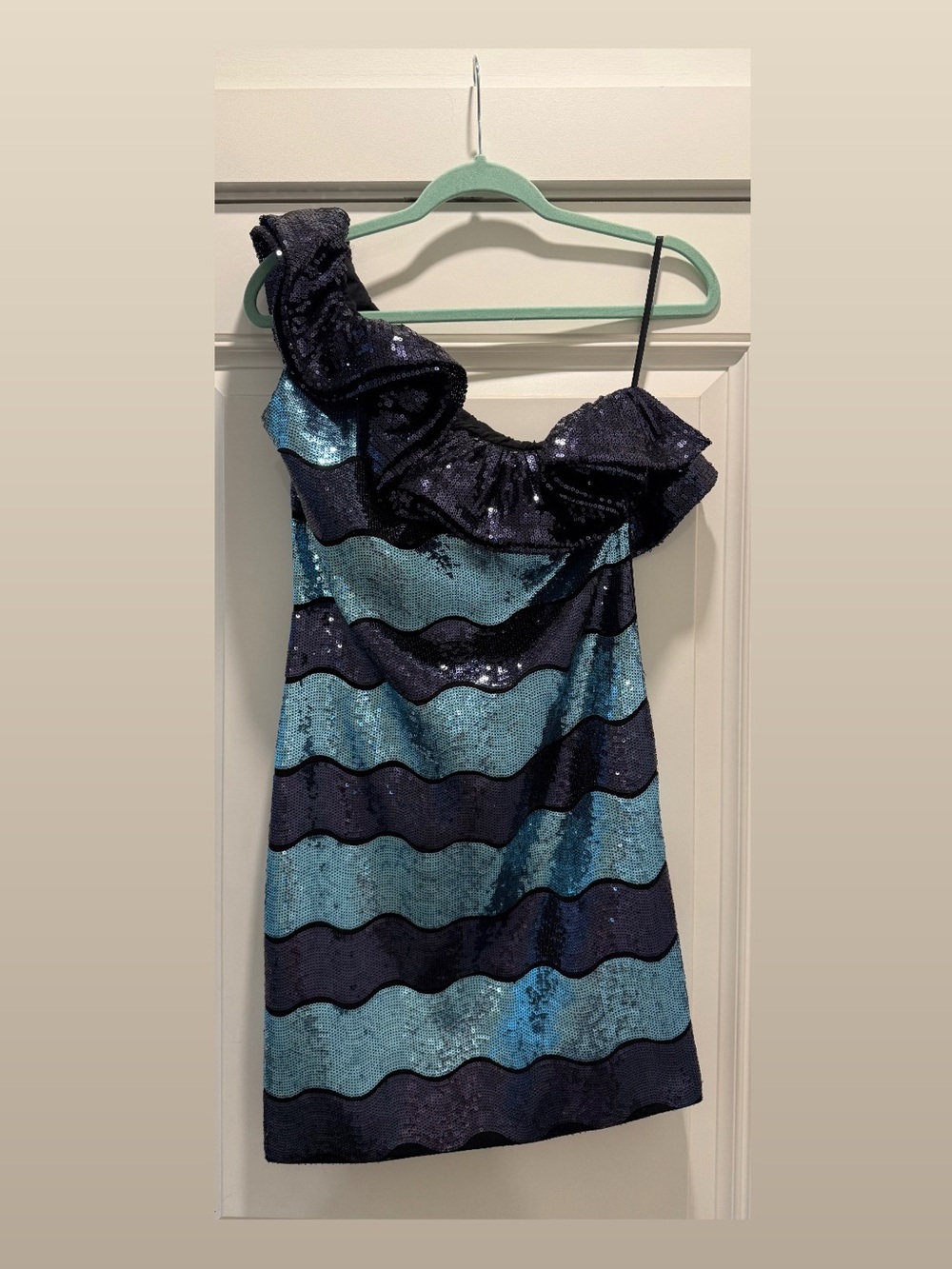 Forever Unique Navy & Teal One-Shoulder Sequin Mini Dress